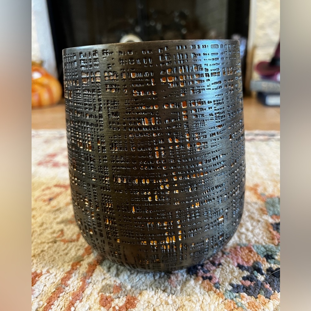 World Market Antique Pewter Tapered Crosshatch Textured Brown Candle Holder